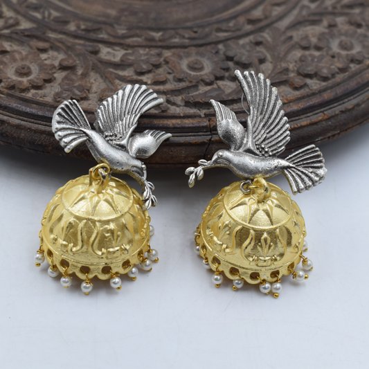 Bird Design Jhumki Earrings in Dual tone