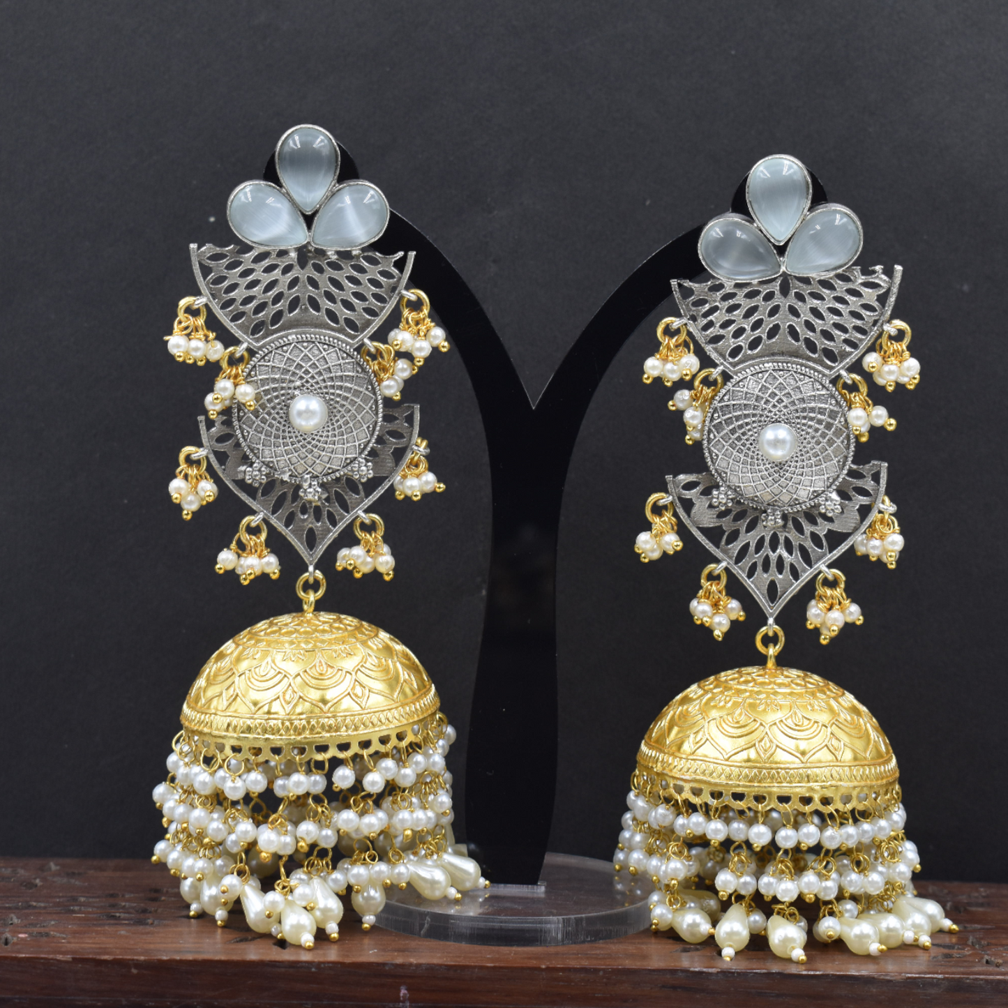 Traditional dualtone brass stone stud jhumka earing