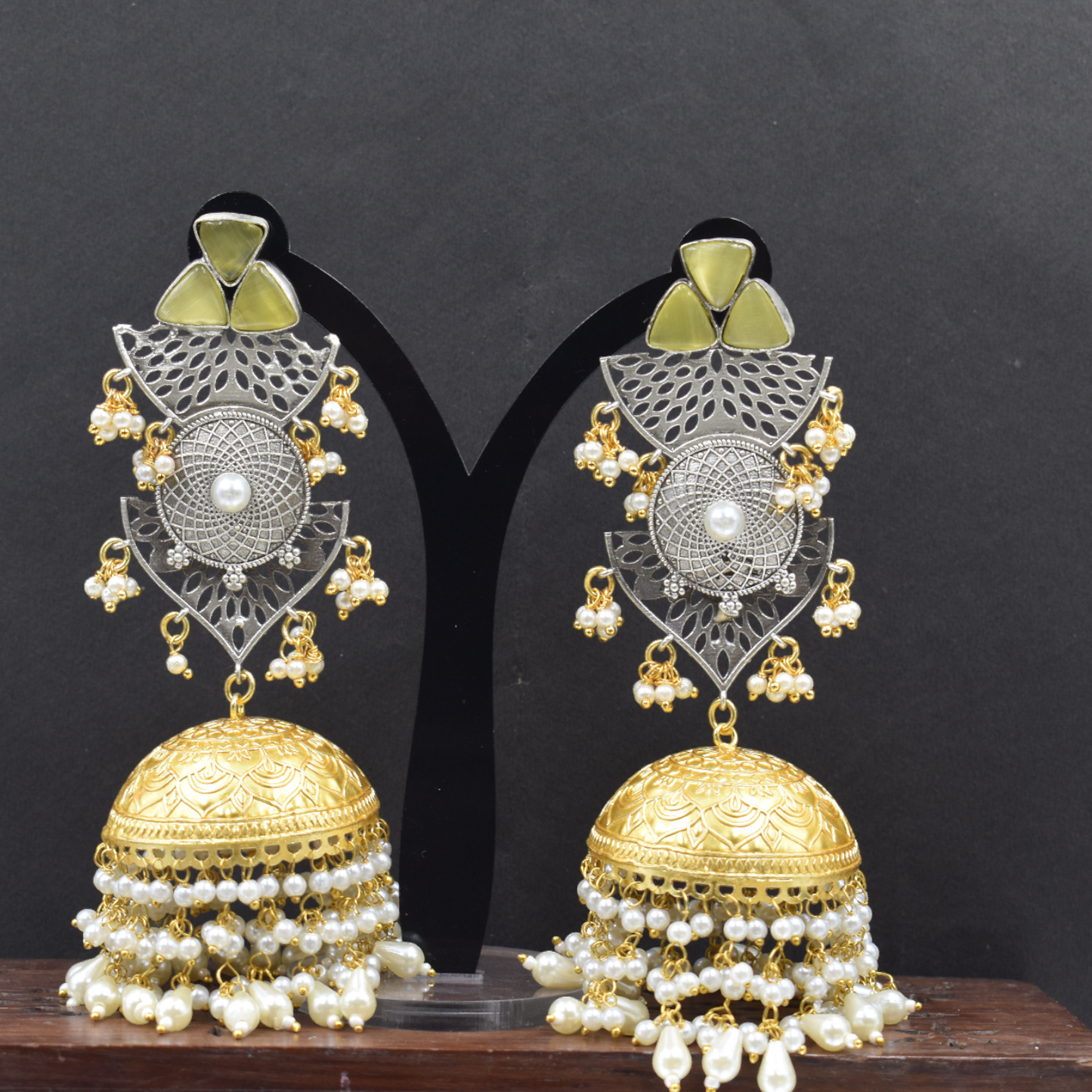 Traditional dualtone brass stone stud jhumka earing