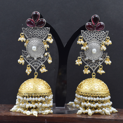 Traditional dualtone stone stud jhumka earing