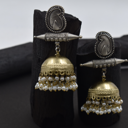 Dualtone brass gold jhumka stud earing