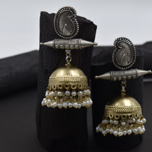 Dualtone brass gold jhumka stud earing