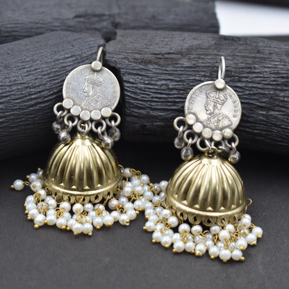 Dualtone brass gold coin jhumka dangle earing