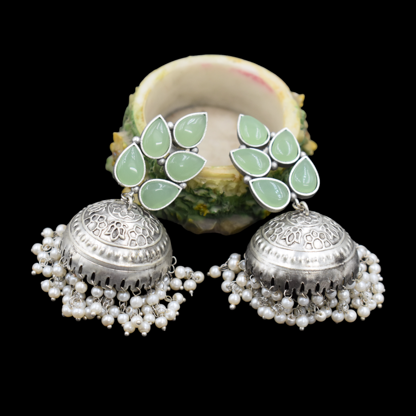 Silver look alike brass stone stud jhumka earing