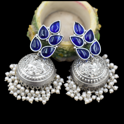 Silver look alike stone stud jhumka earing