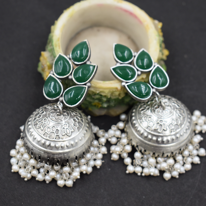 Silver look alike brass stone stud jhumka earing