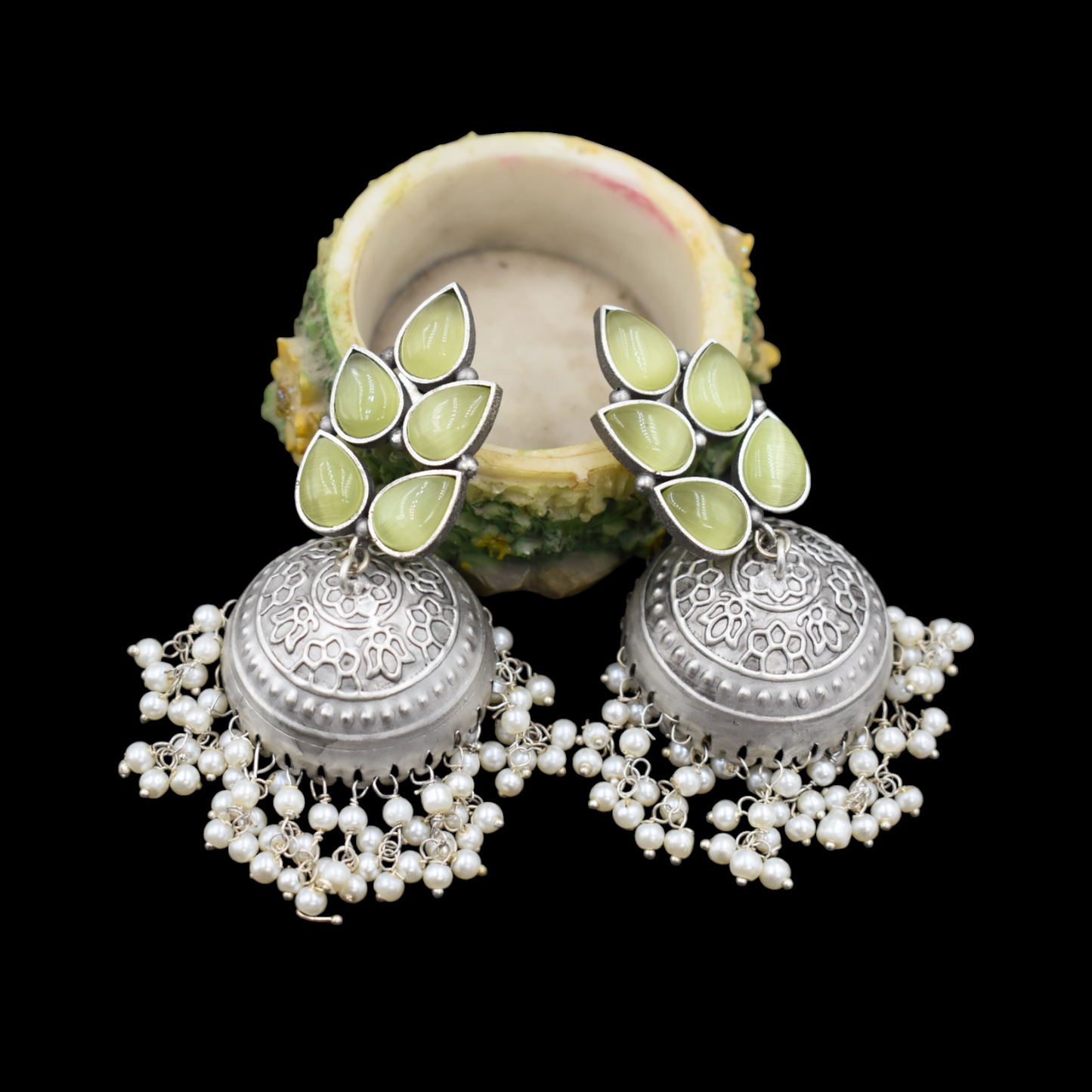 Silver look alike stone jhumka jhumka earing