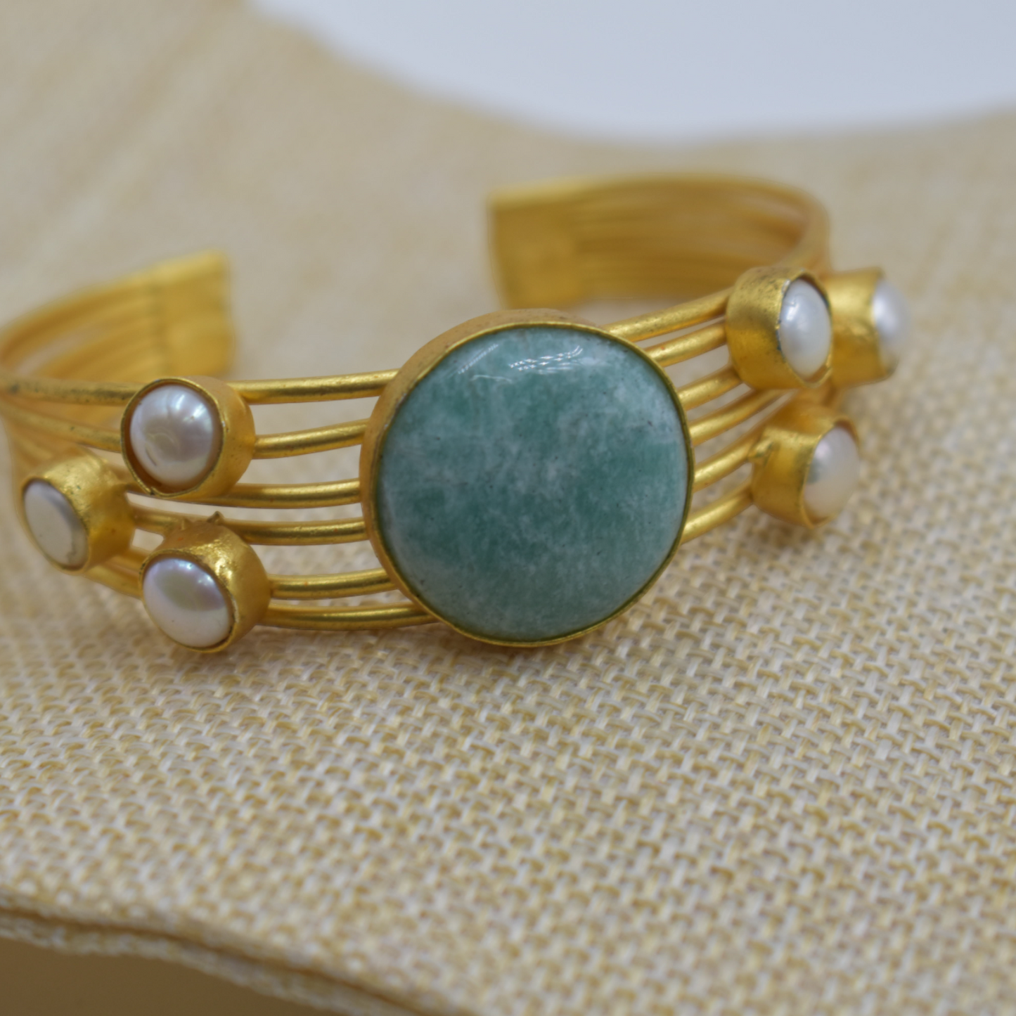 Goldplated brass semi precious amazonite stone bangle