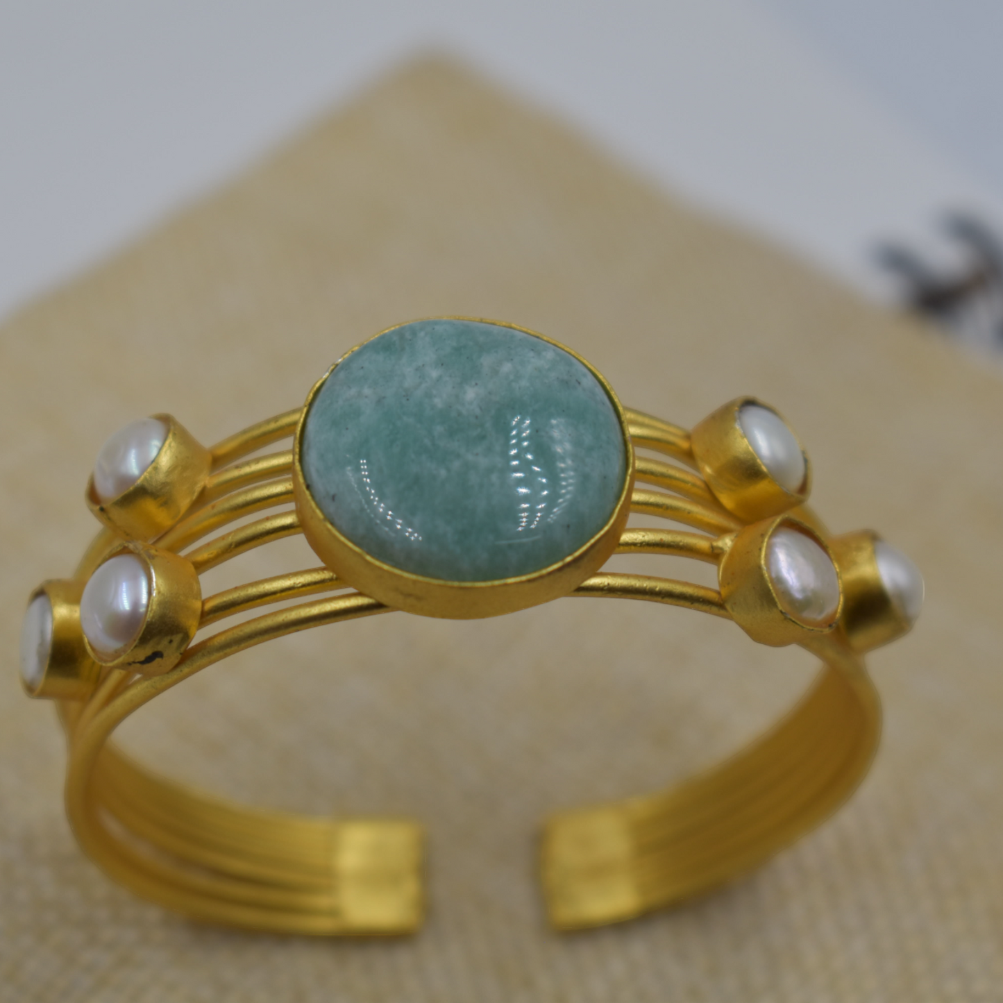 Goldplated brass semi precious amazonite stone bangle