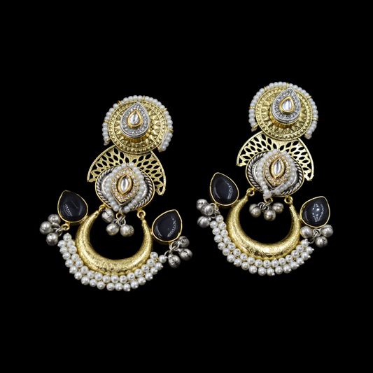 Black Stone Gold Plated Long Earing