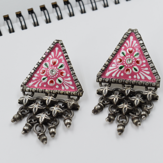 Pink Color Handpainting Silver Beads Stud Earring