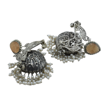 Silver look alike Peacock design Stone stud Jhumki Earing