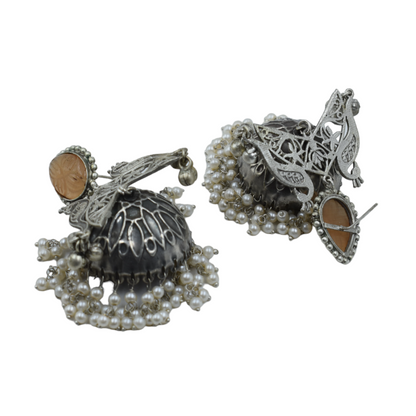 Silver look alike Peacock design Stone stud Jhumki Earing