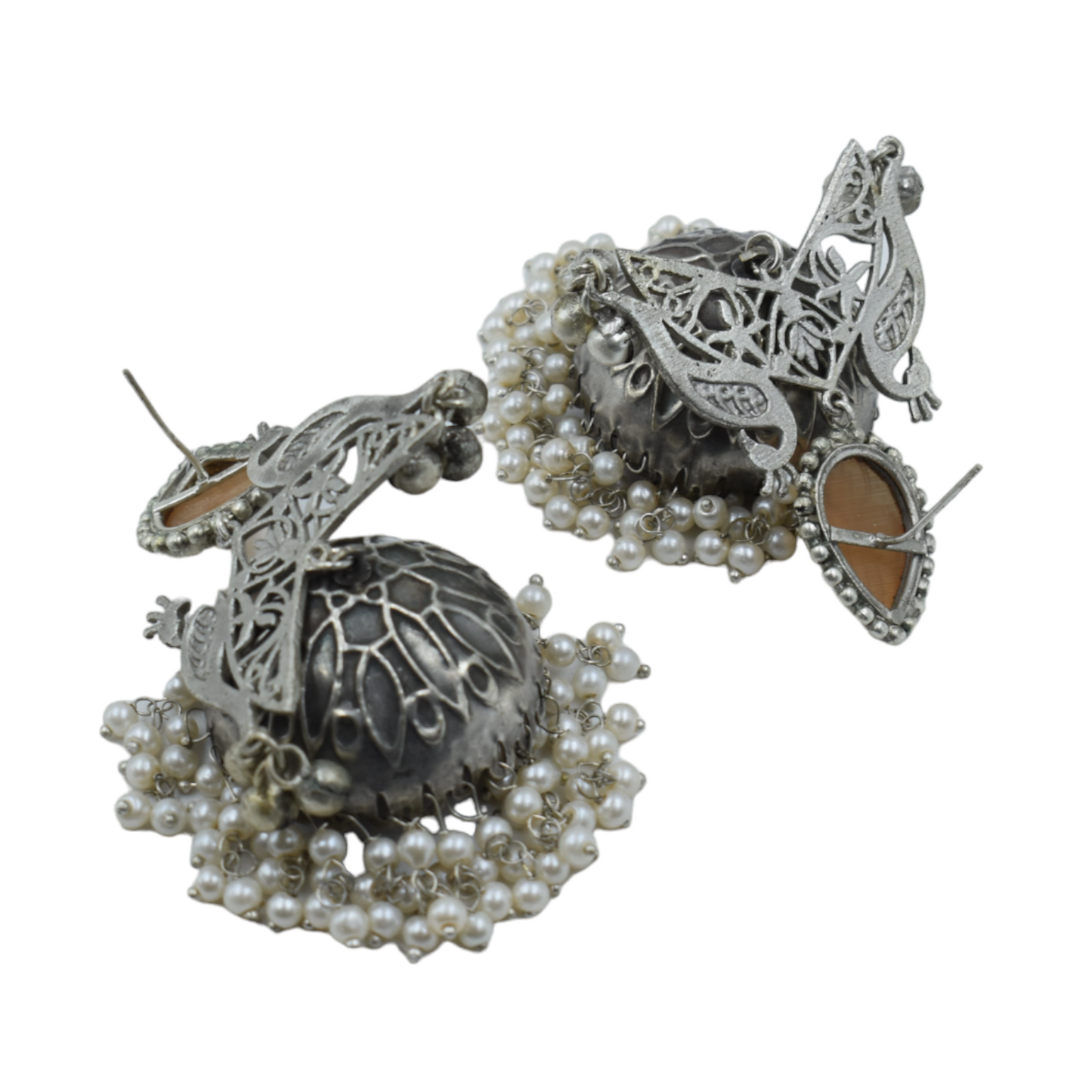 Silver look alike Peacock design Stone stud Jhumki Earing