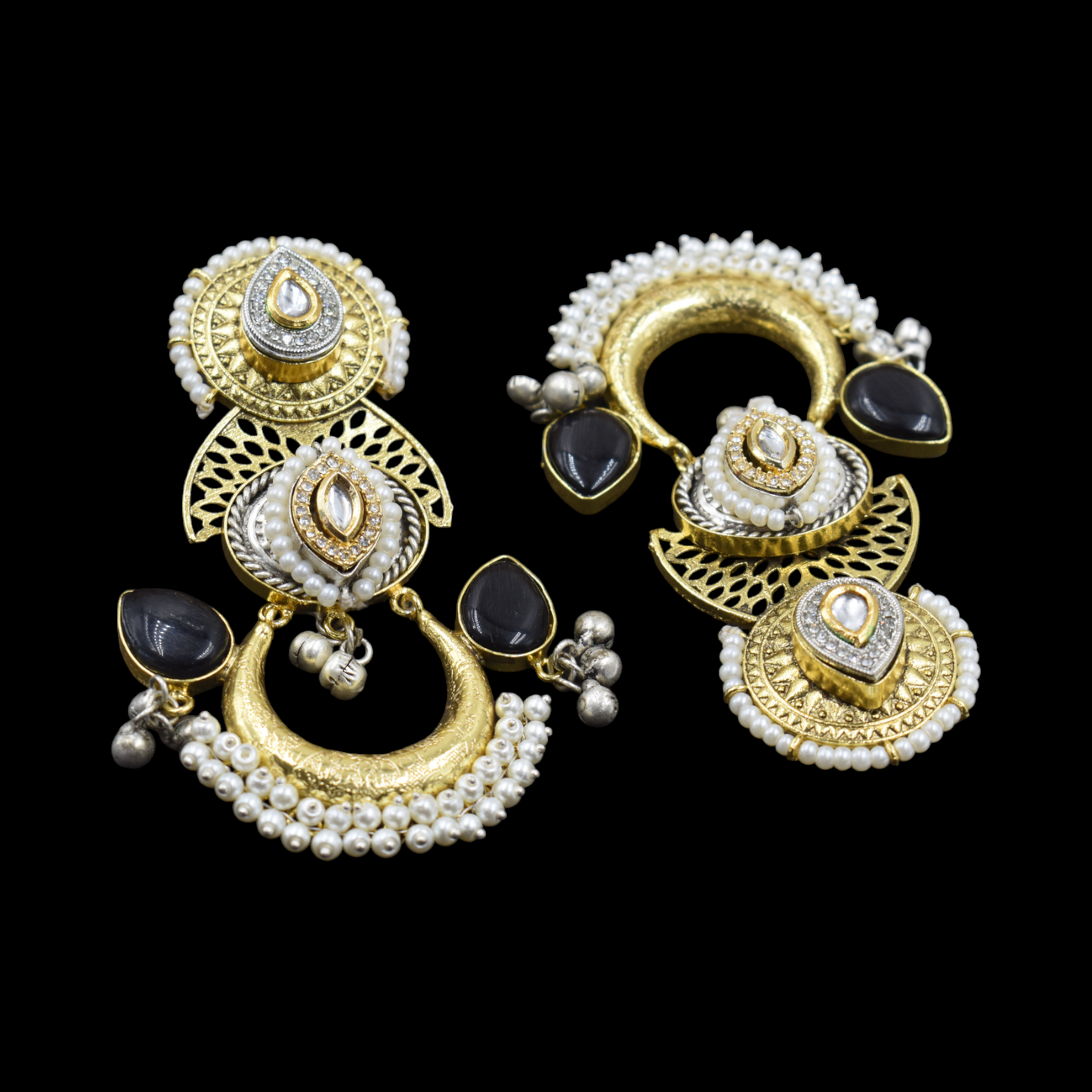 Black Stone Gold Plated Long Earing