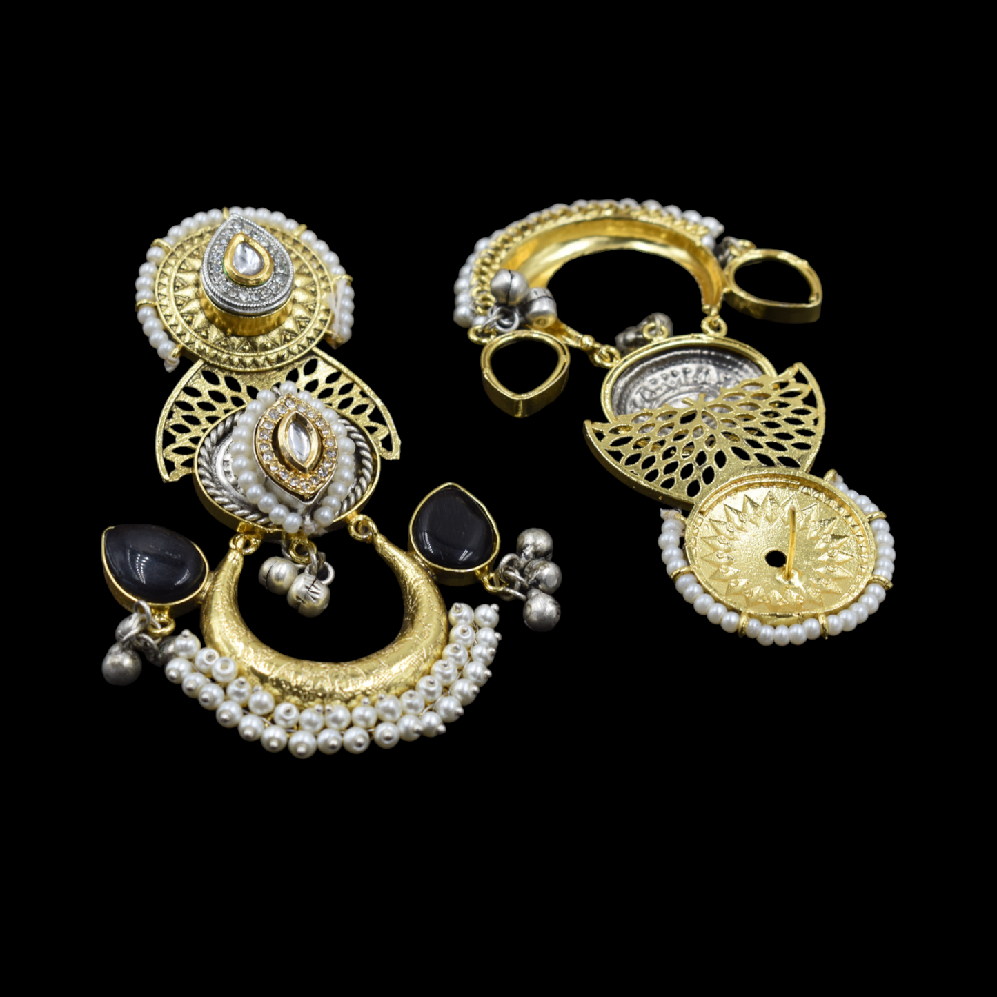 Black Stone Gold Plated Long Earing